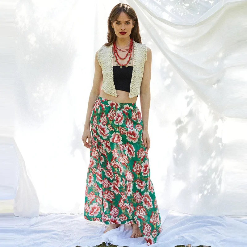 Athenes Skirt (Floral Print on Green Background)