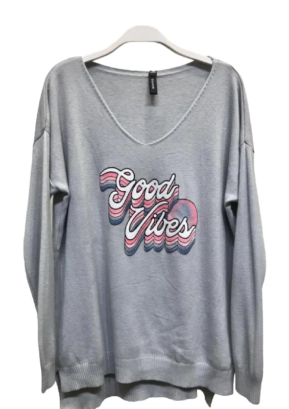 Good Vibes V Neck Long Sleeve Sweater Knit Top In Grey