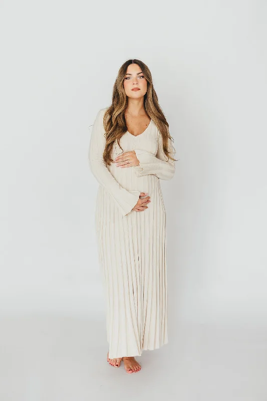 Hadley Long Sleeve V-Neck Knit Maxi Dress in Cream Taupe (Restocking in January)