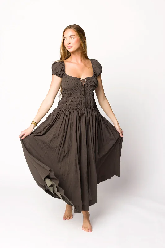 Aria Smocked Maxi Dress with Dropped Waist in Olive