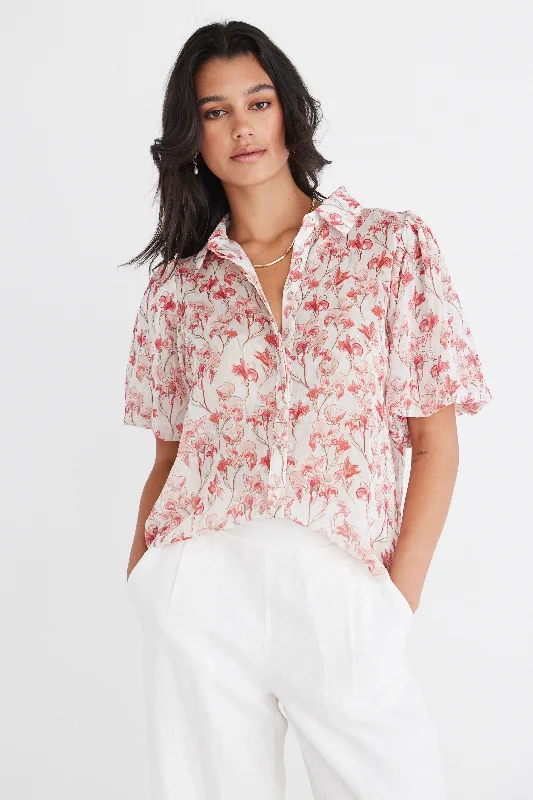 Rested Red Lillies Bubble Sleeve Shirt