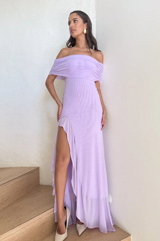 Audrey Off Shoulder Mesh Maxi Dress - Lilac