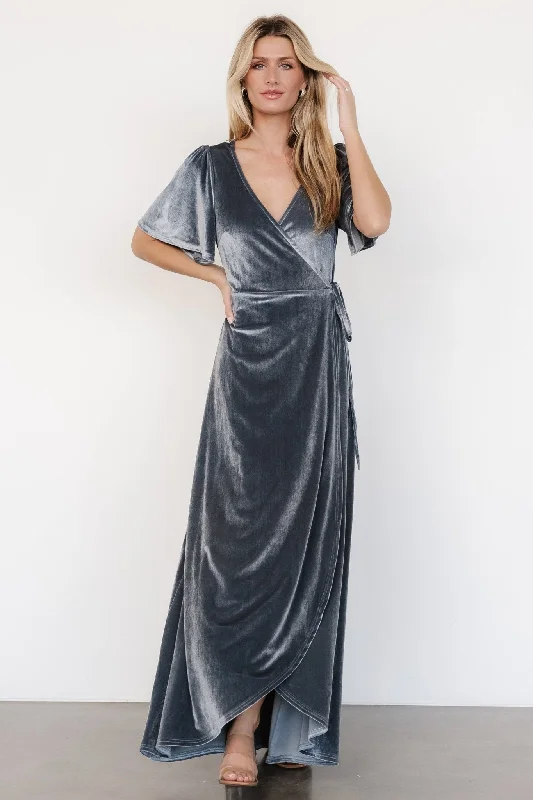 Katelyn Velvet Maxi Wrap Dress | Dusty Blue