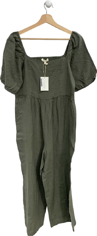 Beaufort & Blake Khaki Linen Puff Sleeve Jumpsuit UK 12