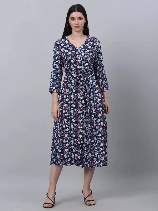 Women's Casual V neck Blue Floral Print Fit & Flared Dress