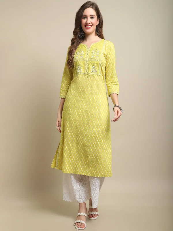 Women's Casual Round neck Green Printed & Embroidered Calf length Kurti