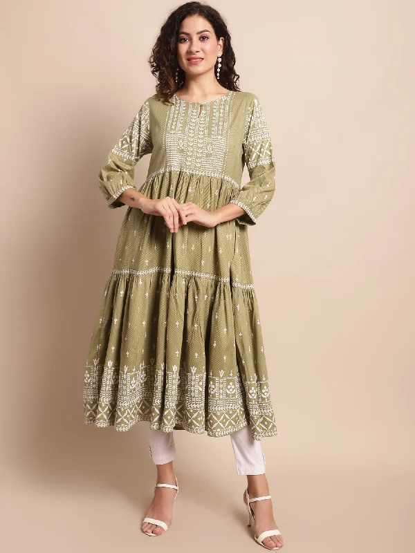 Women's Casual Round Neck Green All Over Printed Calf Length Kurti