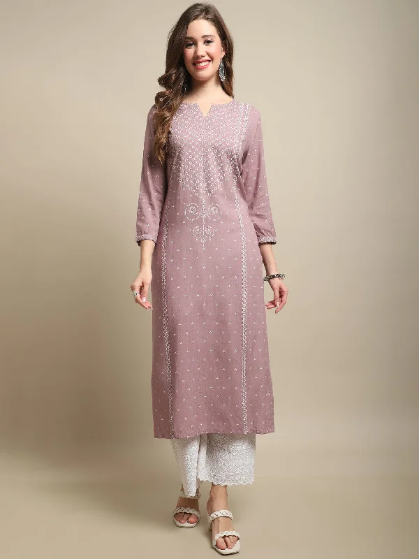 Women's Casual Round Neck Light Purple All Over Printed Calf Length Kurti