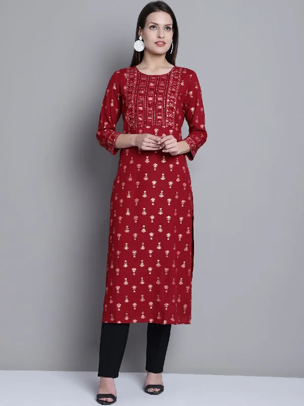 Women's Casual Round Neck Maroon All Over Printed Calf Length Knit Kurti