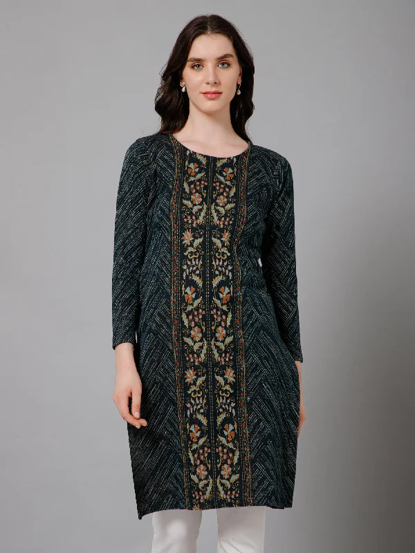 Women's Casual Round Neck Teal All Over Jacquard Above Knee Length Knit Kurti