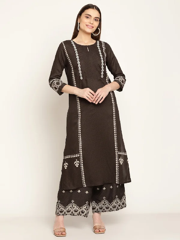 Women's Casual Black Printed & Embroidered Palazzo Set