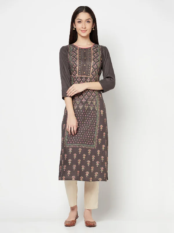 Women's Casual Round Neck Grey Printed Calf Length Kurti