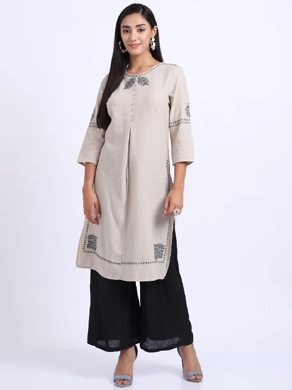 Women's Casual Round Neck Natural Embroidered Knee Length Kurti