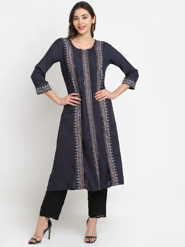 Women's Casual Round Neck Navy Blue Printed Calf length Kurti