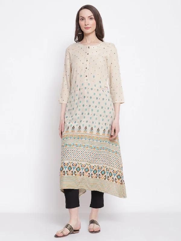 Women's Casual Round neck Offwhite All Over Printed with border Calf length Kurti