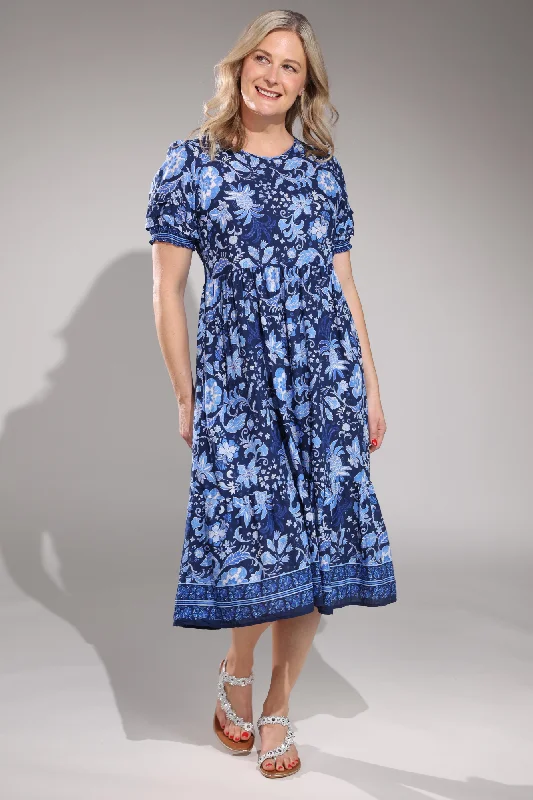 Short sleeve Midi Dress | Navy Garden Border | 6541A1