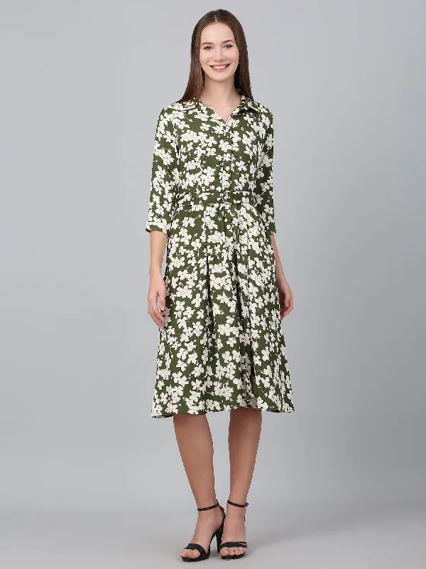 Women's Green Floral Printed Fit and Flare Casual Dress